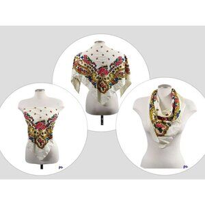 Vintage Scarf Floral Triangle Wrap Handkerchief Hairwrap White Multicolor